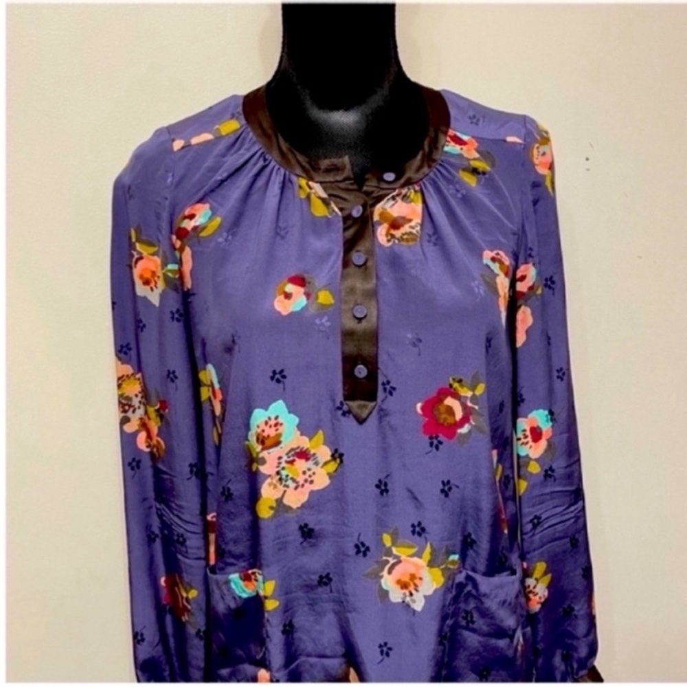 Rebecca Taylor Women's Floral Blue Yellow Silk Long-Sleeve Blouse Size 4